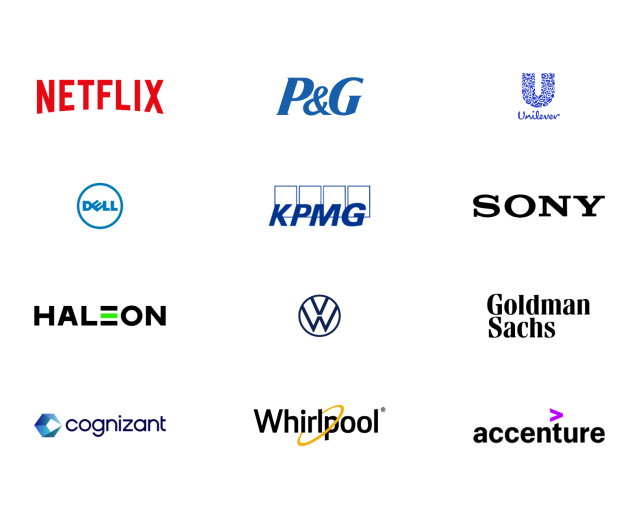 Partners include Netflix, Proctor & Gamble, Unilever, Dell, KPMG, Sony, Haleon, VW, Goldman Sachs, Cognizant, Whirlpool, and Accenture